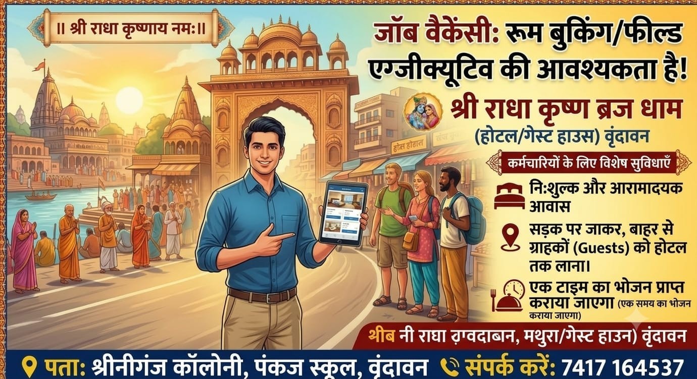 Job Vacancy: Room Booking / Field Executive - advertisement from Shri Radha Krishna Braj Dham, Vrindavan